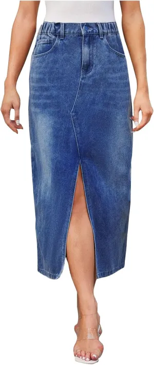 Women Jeans Midi Skirts Stretch High Waisted Elastic Waist Button Zipper Slit Front Casual Denim Skirt