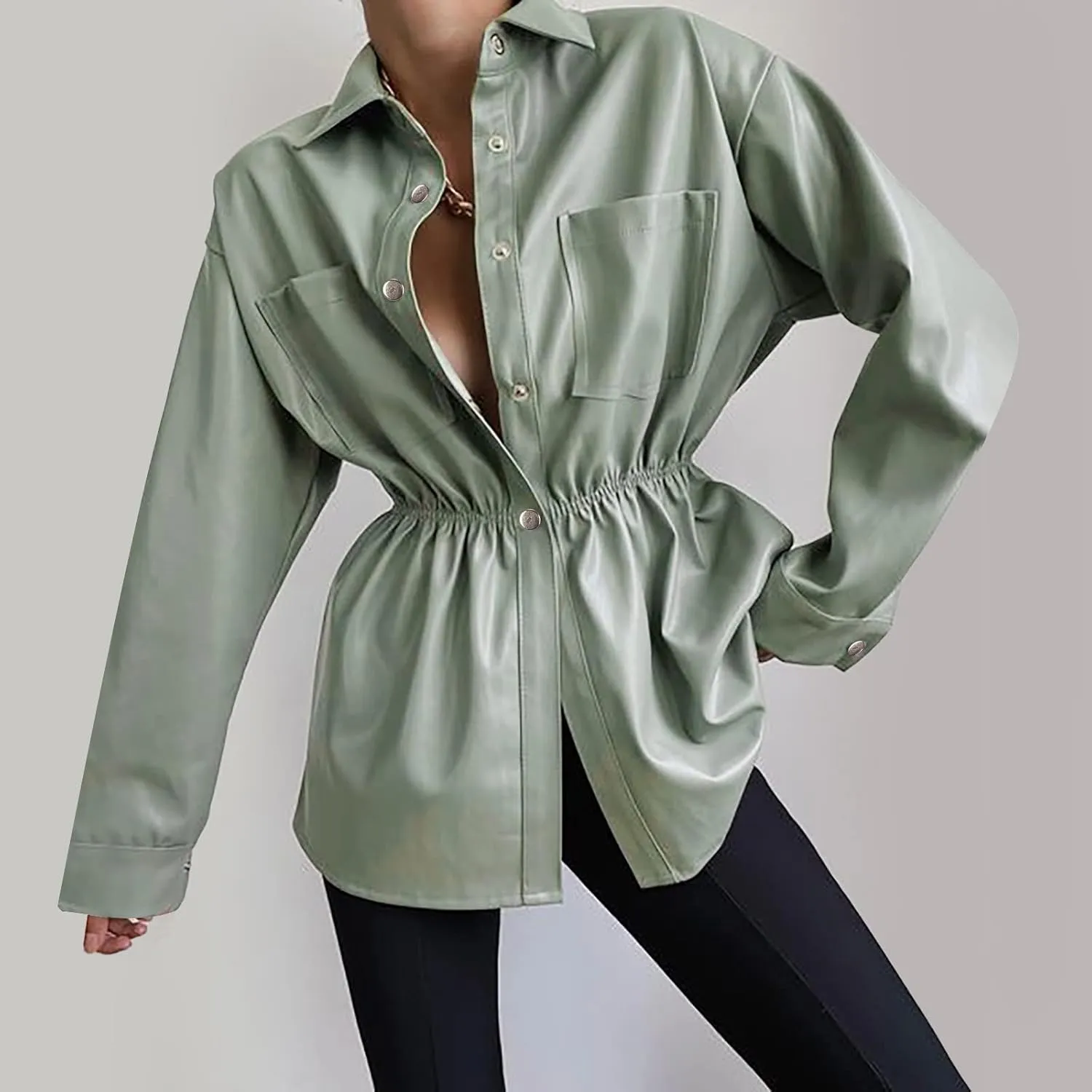 Women Leather Jacket Stand-Up Collar Zipper Stitching Solid Color Jacket Faux Leather Jacket Women Faux Leather