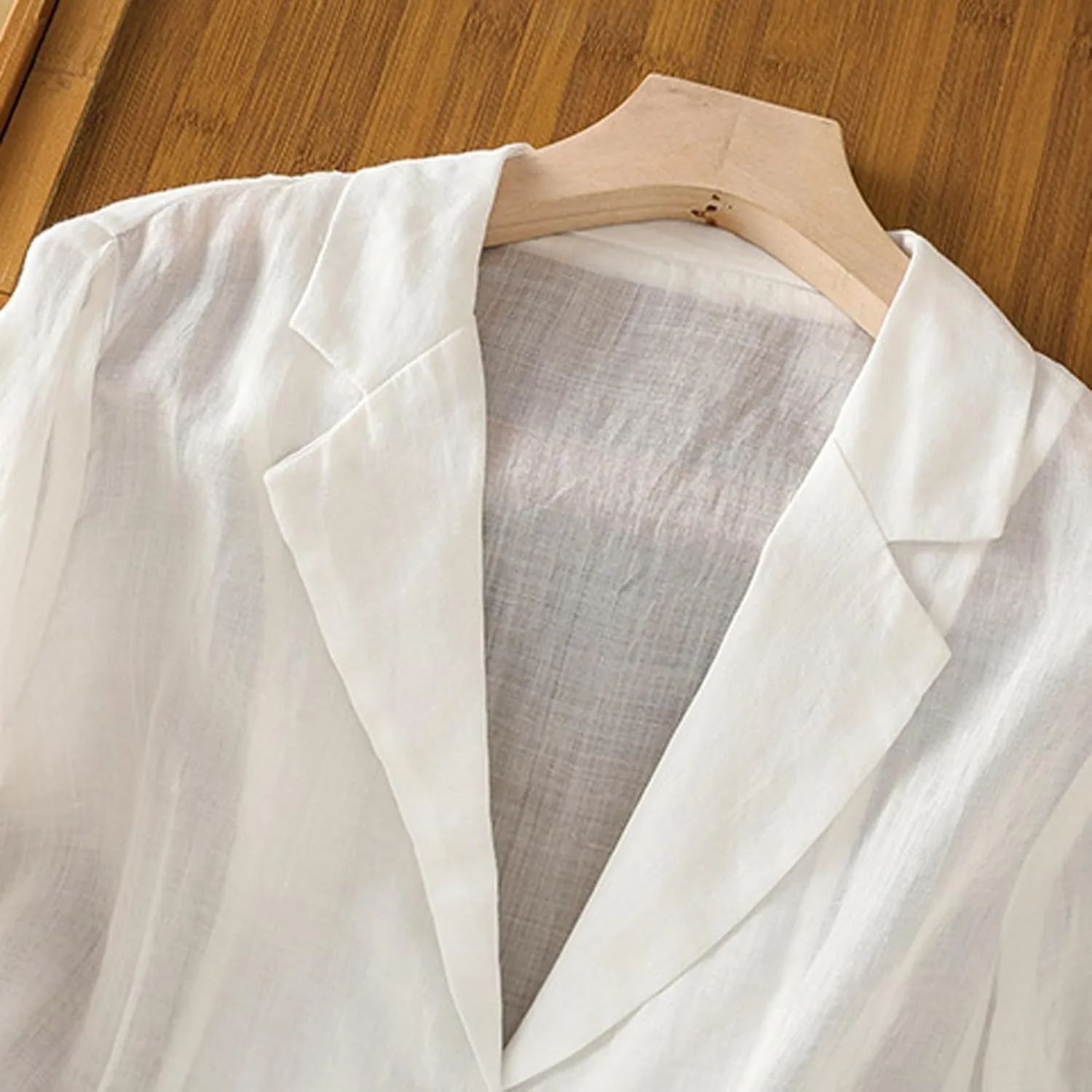 Women Lightweight Linen Blazer 3/4 Sleeve Button Open Front Suit Jackets Notched Lapel Work Thin Jacket with Pockets