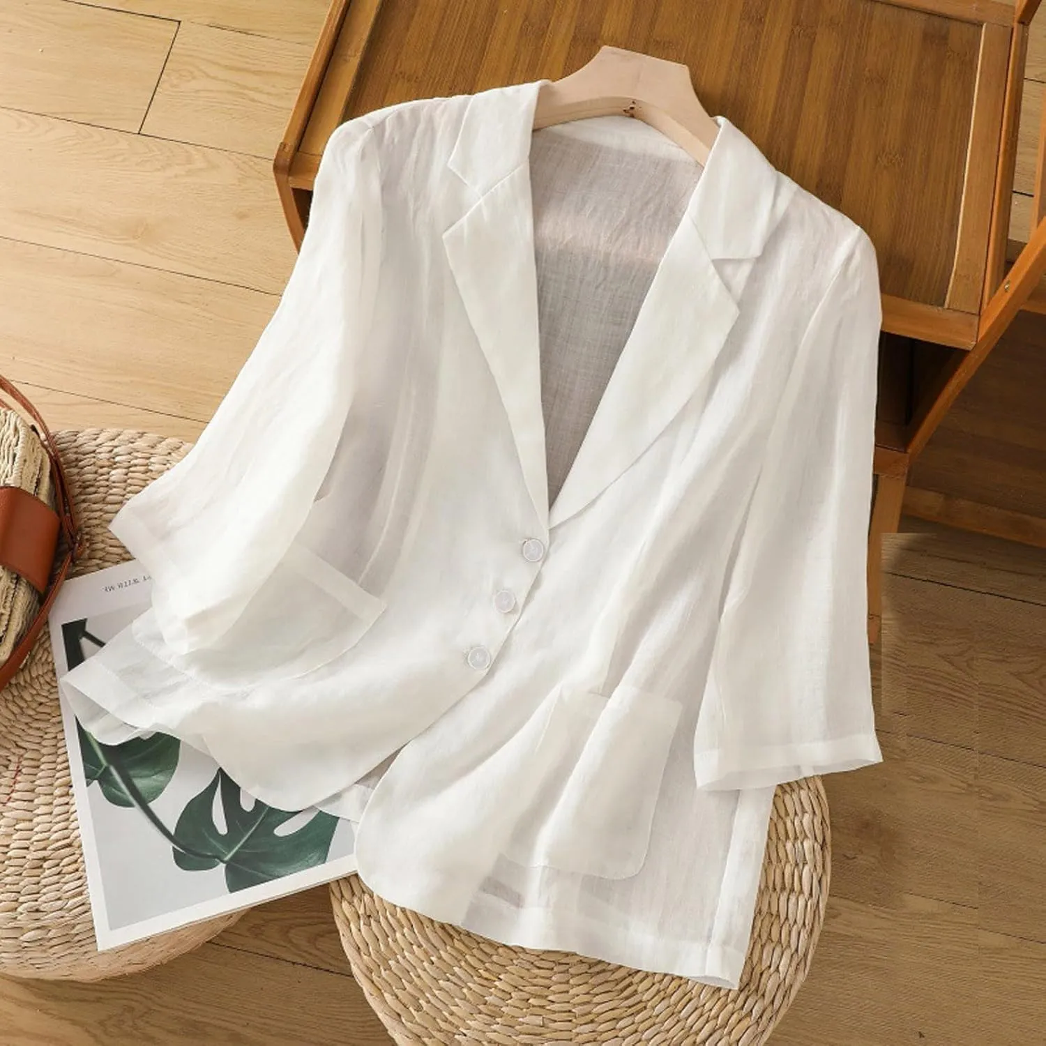 Women Lightweight Linen Blazer 3/4 Sleeve Button Open Front Suit Jackets Notched Lapel Work Thin Jacket with Pockets