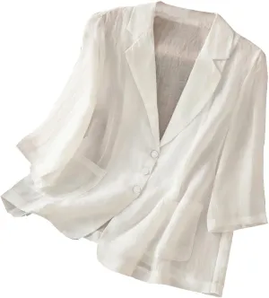 Women Lightweight Linen Blazer 3/4 Sleeve Button Open Front Suit Jackets Notched Lapel Work Thin Jacket with Pockets