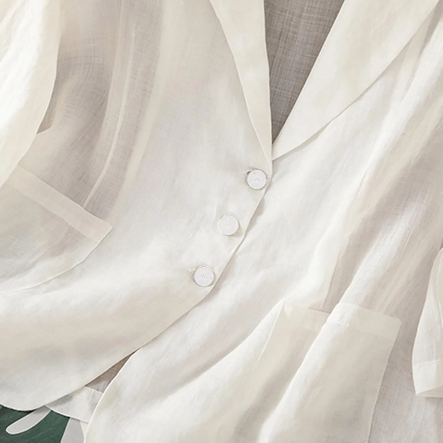 Women Lightweight Linen Blazer 3/4 Sleeve Button Open Front Suit Jackets Notched Lapel Work Thin Jacket with Pockets