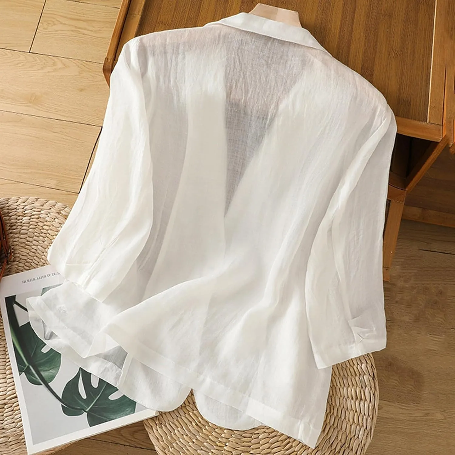 Women Lightweight Linen Blazer 3/4 Sleeve Button Open Front Suit Jackets Notched Lapel Work Thin Jacket with Pockets