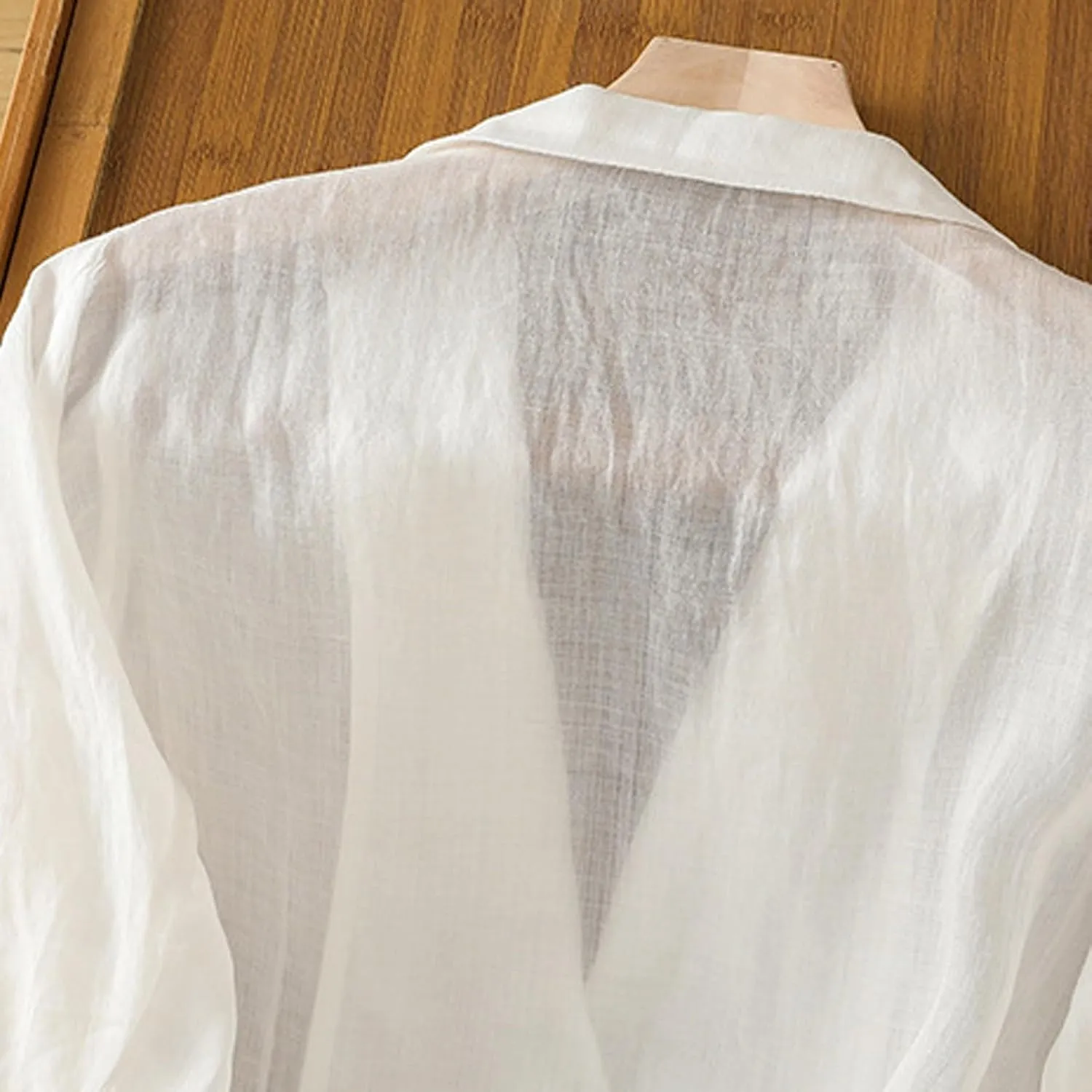 Women Lightweight Linen Blazer 3/4 Sleeve Button Open Front Suit Jackets Notched Lapel Work Thin Jacket with Pockets