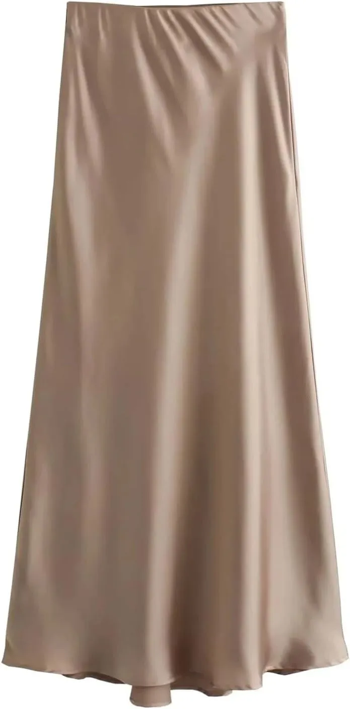 Women Long Skirt Spring Elastic High Waisted A-Line Casual Satin Skirts High Slim Fit Female Skirts