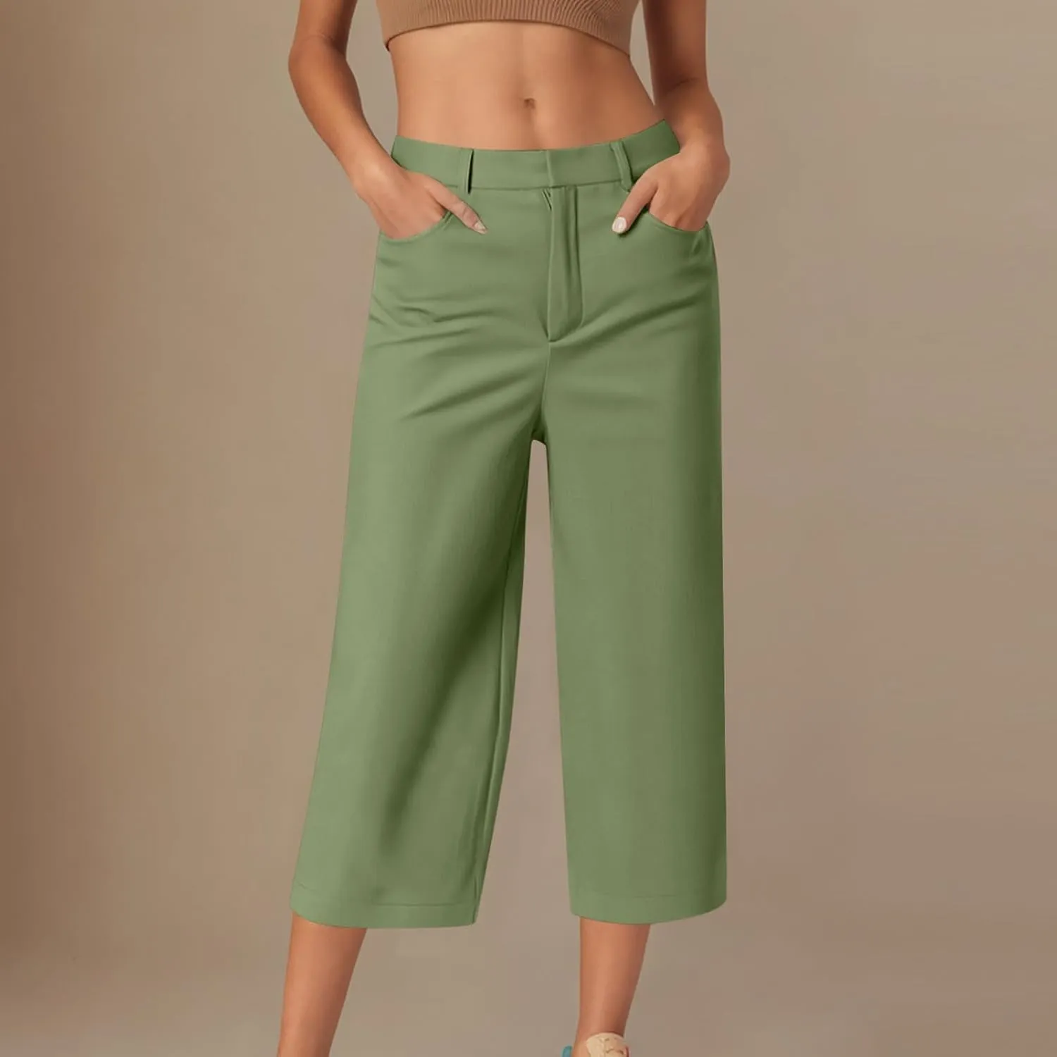 Women Loose Dress Pants Summer Business Casual Work Capri Pant High Waist Stretchy Trousers Straight Leg Office Slacks Bottom