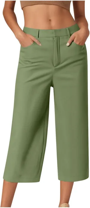 Women Loose Dress Pants Summer Business Casual Work Capri Pant High Waist Stretchy Trousers Straight Leg Office Slacks Bottom