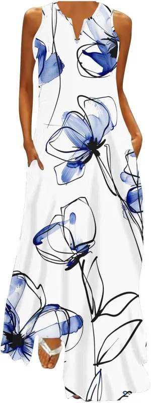 Women Loose Flowy Long Dresses Casual Printed Tank Dress Beach V-Neck Pocket Sundress Sleeveless Floor Length Dress