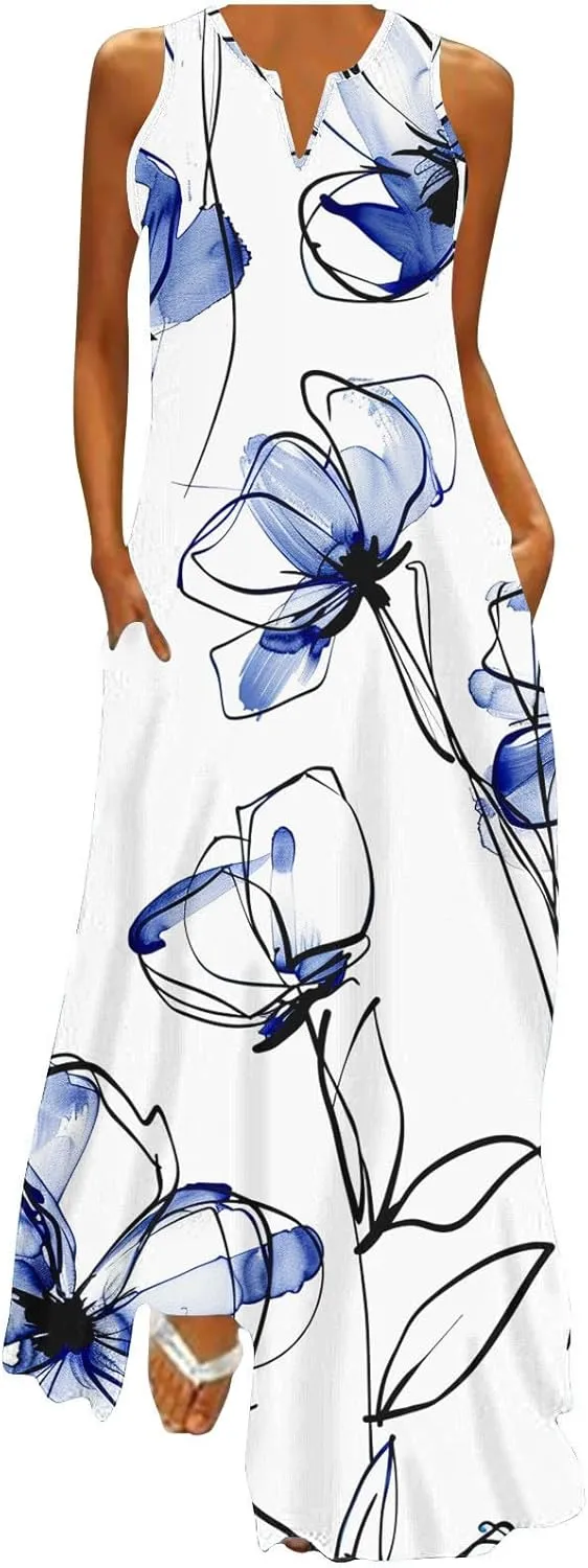Women Loose Flowy Long Dresses Casual Printed Tank Dress Beach V-Neck Pocket Sundress Sleeveless Floor Length Dress