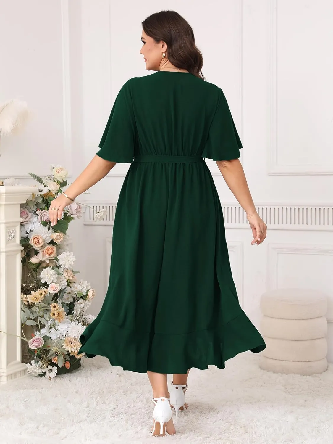 Women Plus Size Maxi Dress Short Sleeve V Neck Wrap Wedding Guest Cocktail Elegant Flowy A Line Ruffle Dresses