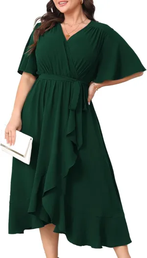 Women Plus Size Maxi Dress Short Sleeve V Neck Wrap Wedding Guest Cocktail Elegant Flowy A Line Ruffle Dresses