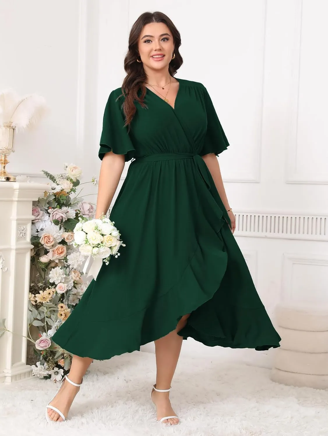 Women Plus Size Maxi Dress Short Sleeve V Neck Wrap Wedding Guest Cocktail Elegant Flowy A Line Ruffle Dresses