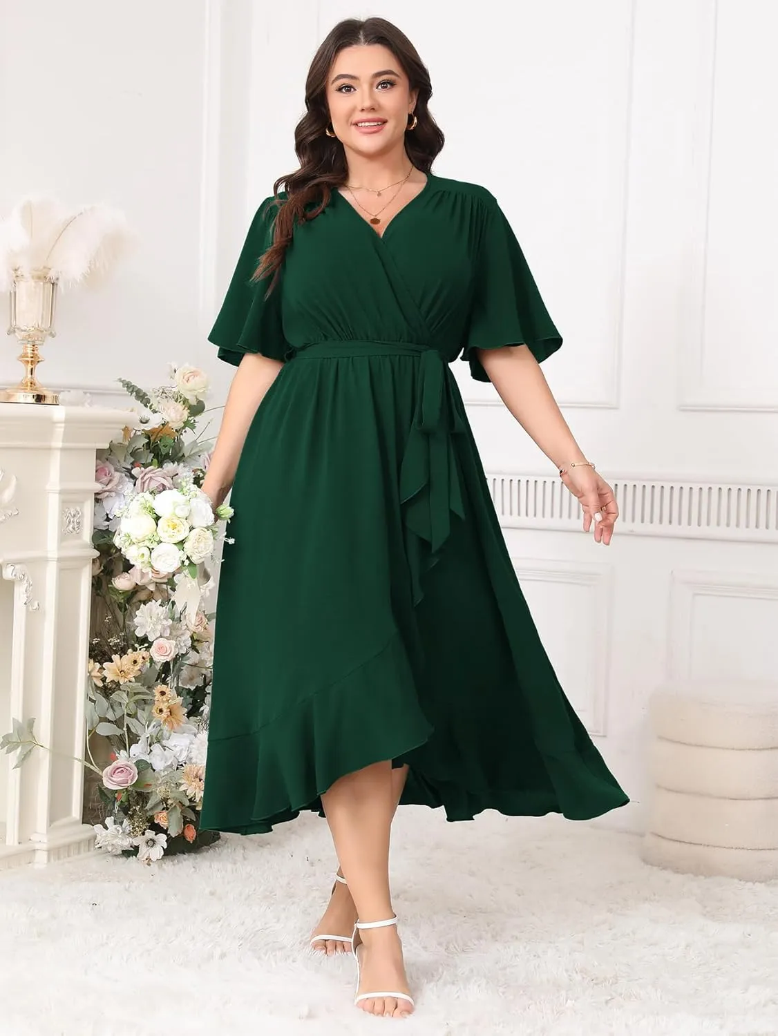 Women Plus Size Maxi Dress Short Sleeve V Neck Wrap Wedding Guest Cocktail Elegant Flowy A Line Ruffle Dresses