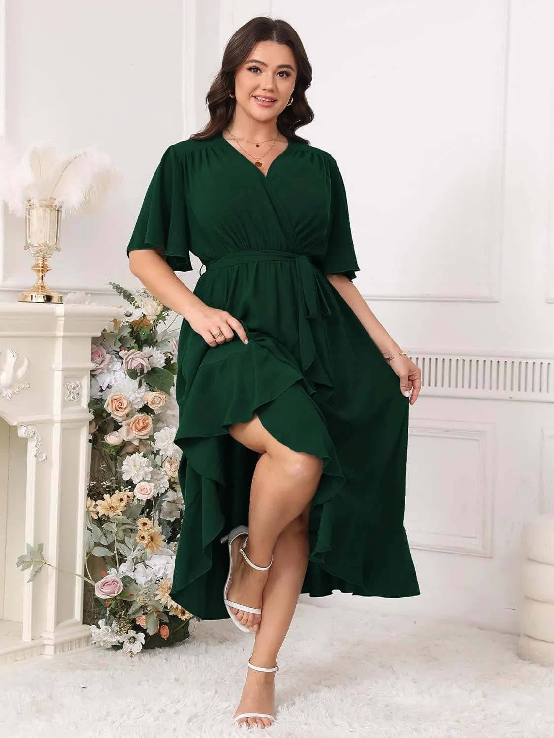 Women Plus Size Maxi Dress Short Sleeve V Neck Wrap Wedding Guest Cocktail Elegant Flowy A Line Ruffle Dresses