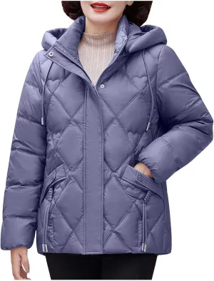Women Puffer Jacket Winter Quilted Down Coat Puffy Jacket Parkas Plus Size Zipper Button Outwear with Detachable Hood