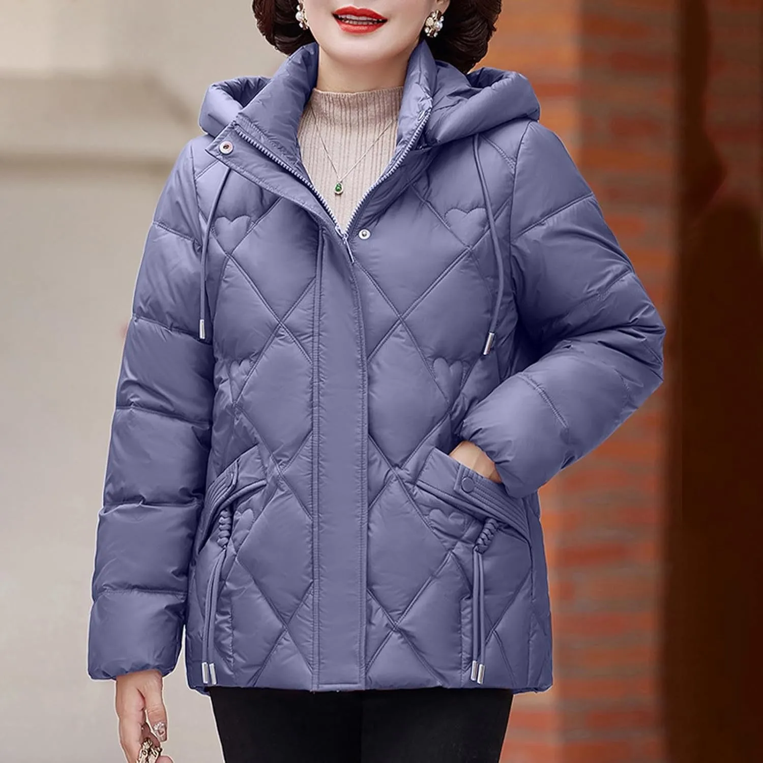 Women Puffer Jacket Winter Quilted Down Coat Puffy Jacket Parkas Plus Size Zipper Button Outwear with Detachable Hood