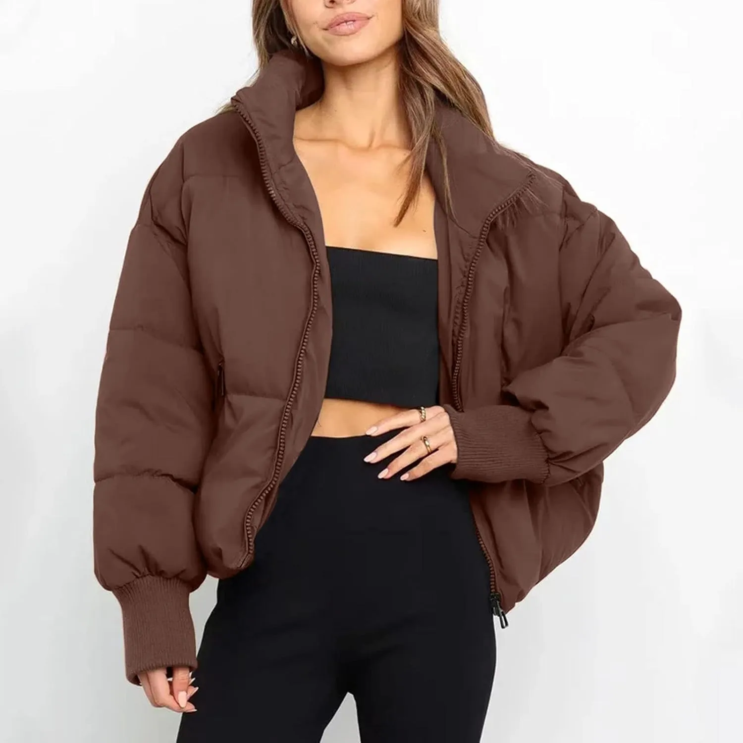 Women' s Winter Cropped Quilted Puffer Jacket Warm Down Coats Lightweight Oversized Zip Stand Collar Casual Outerwear