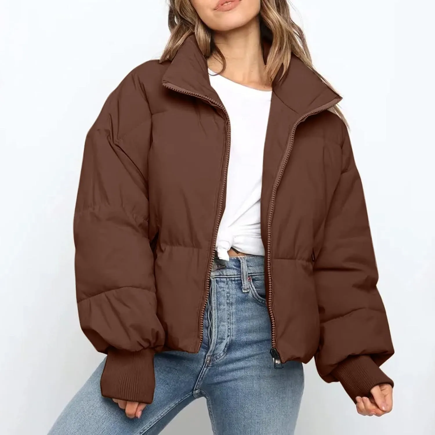 Women' s Winter Cropped Quilted Puffer Jacket Warm Down Coats Lightweight Oversized Zip Stand Collar Casual Outerwear