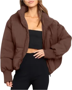 Women' s Winter Cropped Quilted Puffer Jacket Warm Down Coats Lightweight Oversized Zip Stand Collar Casual Outerwear
