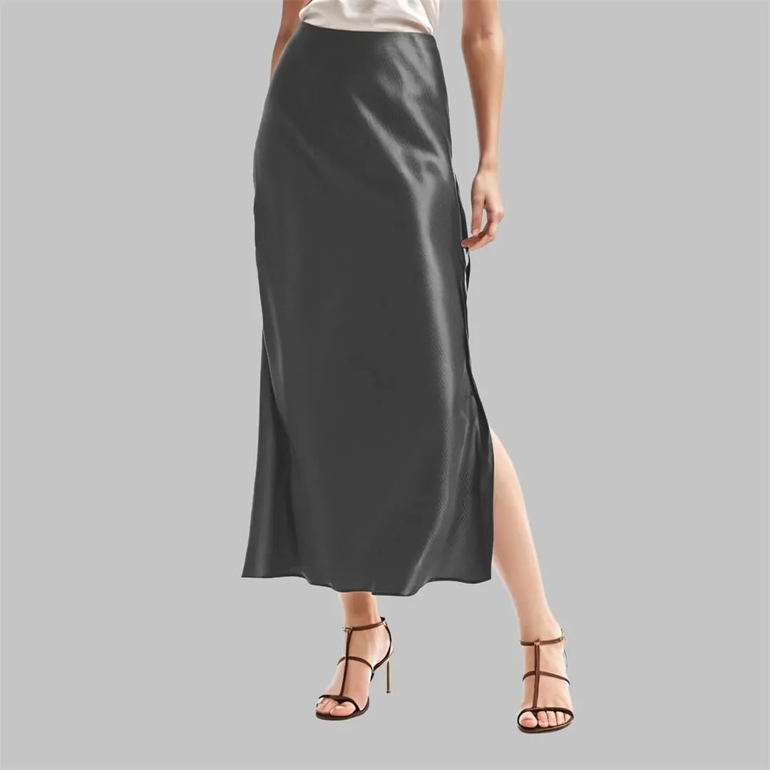 Women Satin Skirts High Waist Solid Satin Elastic Waist Skirt Female Side Slit Vintage Satin Skirt