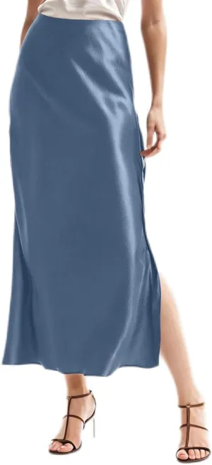 Women Satin Skirts High Waist Solid Satin Elastic Waist Skirt Female Side Slit Vintage Satin Skirt