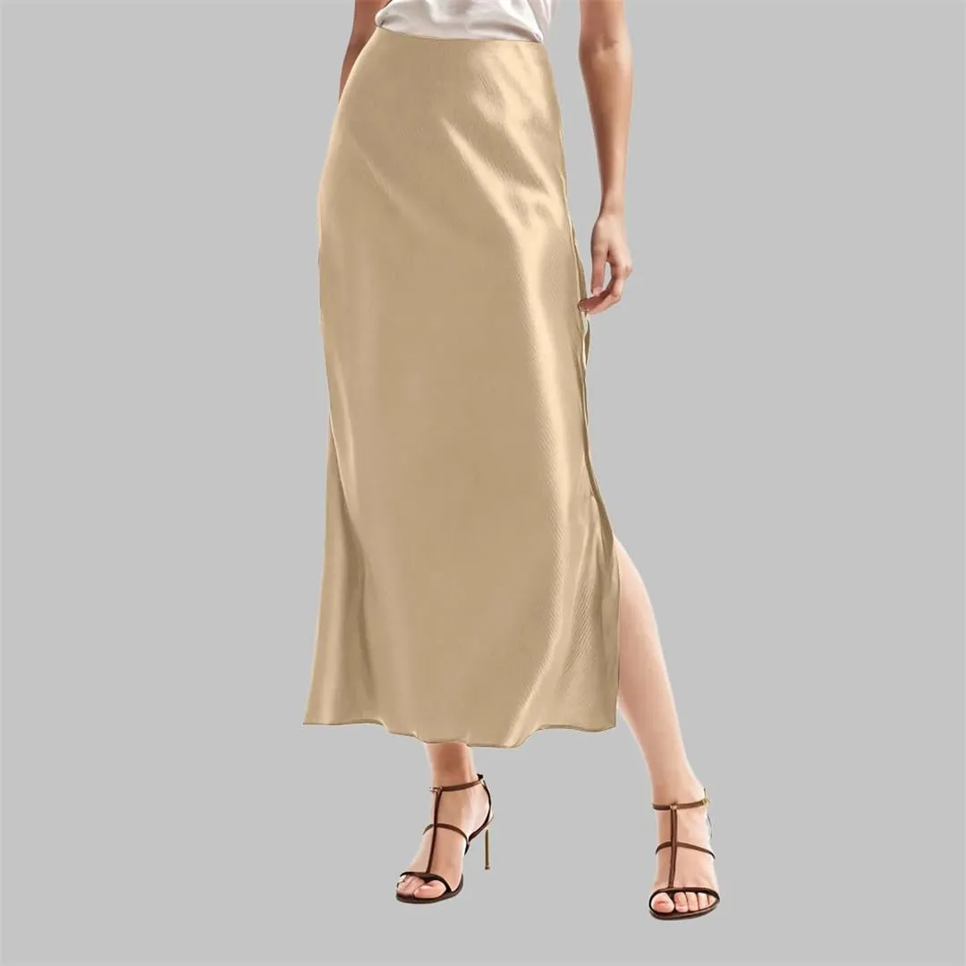 Women Satin Skirts High Waist Solid Satin Elastic Waist Skirt Female Side Slit Vintage Satin Skirt