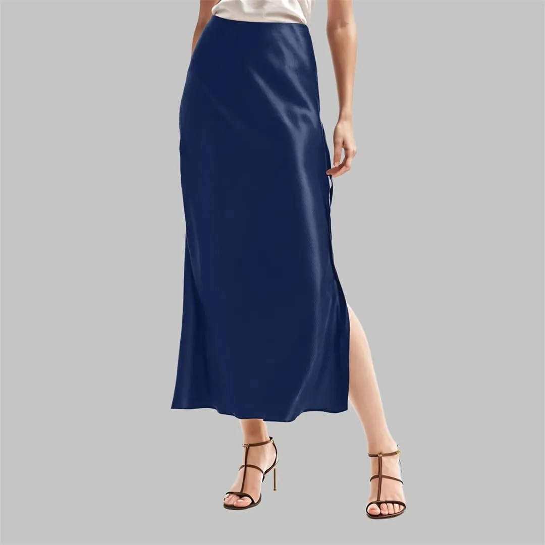Women Satin Skirts High Waist Solid Satin Elastic Waist Skirt Female Side Slit Vintage Satin Skirt
