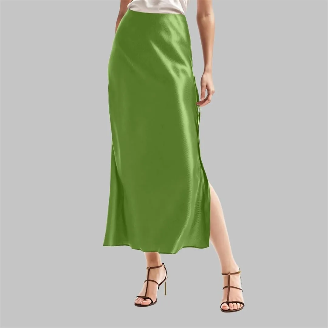 Women Satin Skirts High Waist Solid Satin Elastic Waist Skirt Female Side Slit Vintage Satin Skirt