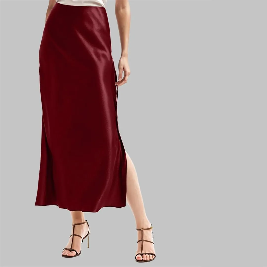 Women Satin Skirts High Waist Solid Satin Elastic Waist Skirt Female Side Slit Vintage Satin Skirt
