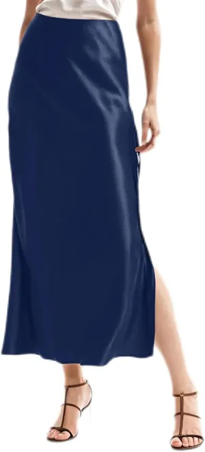 Women Satin Skirts High Waist Solid Satin Elastic Waist Skirt Female Side Slit Vintage Satin Skirt
