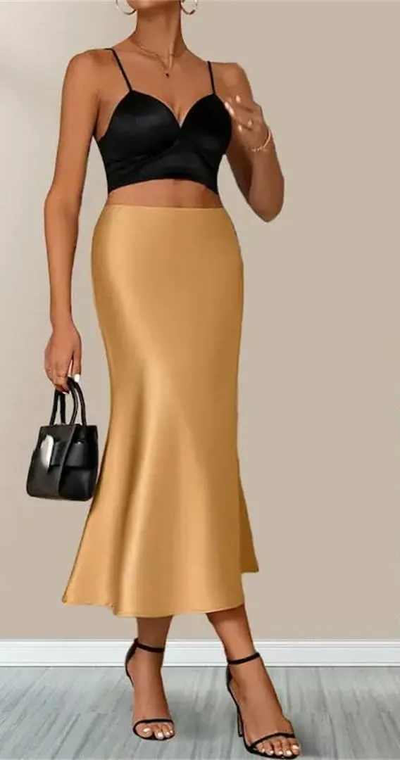 Women Satin Skirts Korean Office High Waist A-Line Skirt Fashion Solid Long Pencil Skirt