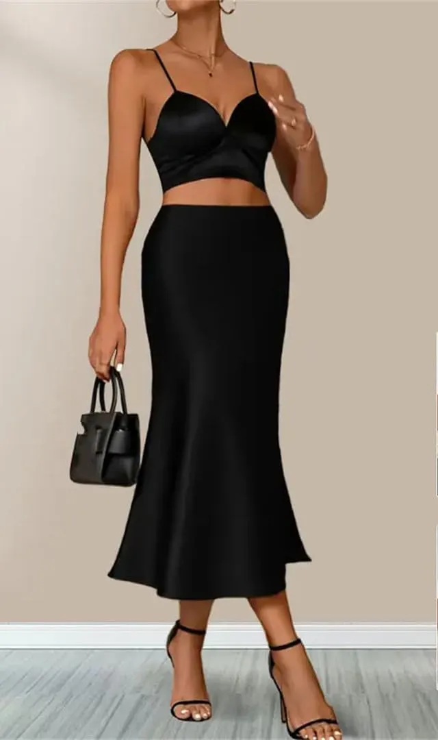 Women Satin Skirts Korean Office High Waist A-Line Skirt Fashion Solid Long Pencil Skirt