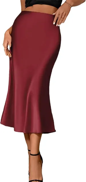 Women Satin Skirts Korean Office High Waist A-Line Skirt Fashion Solid Long Pencil Skirt