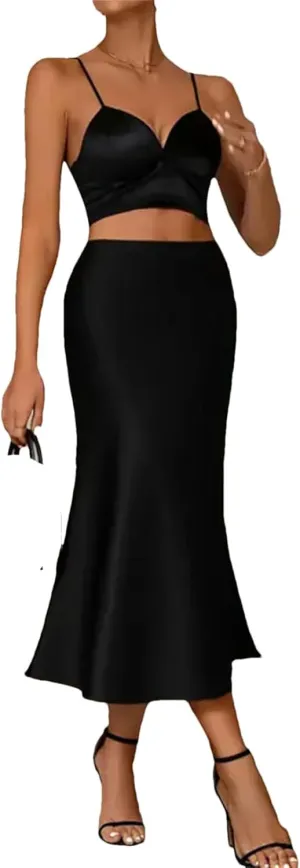 Women Satin Skirts Korean Office High Waist A-Line Skirt Fashion Solid Long Pencil Skirt