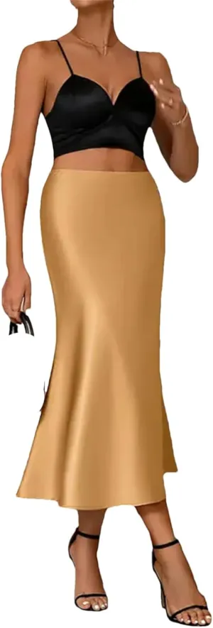 Women Satin Skirts Korean Office High Waist A-Line Skirt Fashion Solid Long Pencil Skirt