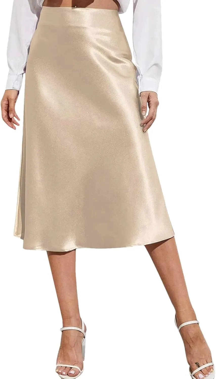 Women Silk Satin Skirts High Waisted Skirt A-Line Elegant Summer Solid Midi Skirt