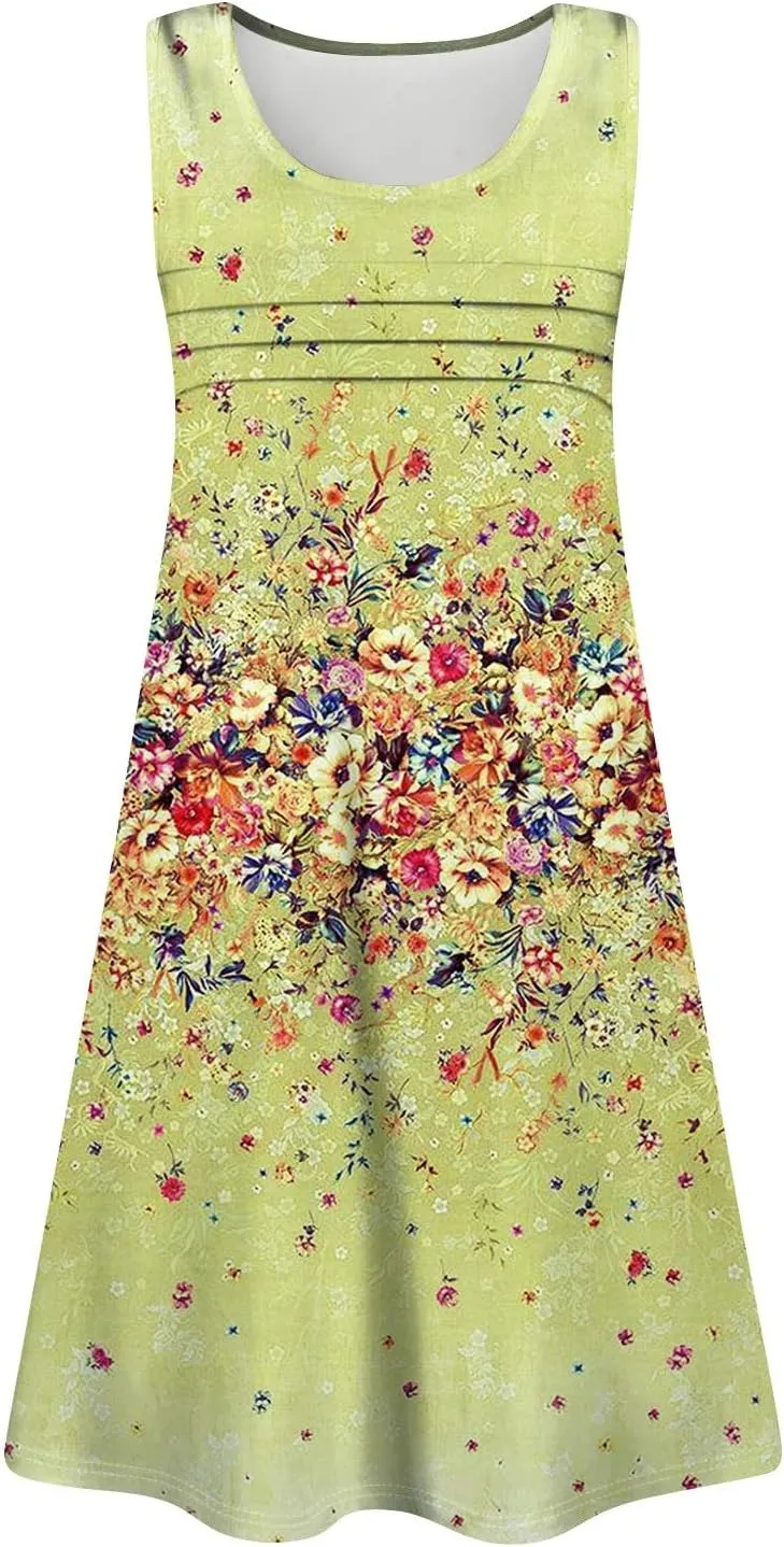 Women Summer Dresses Casual Beach Vacation Sundress Slim Striped Ruffle Floral Printed Hawaiian Tank Dress with Pockets