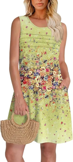 Women Summer Dresses Casual Beach Vacation Sundress Slim Striped Ruffle Floral Printed Hawaiian Tank Dress with Pockets
