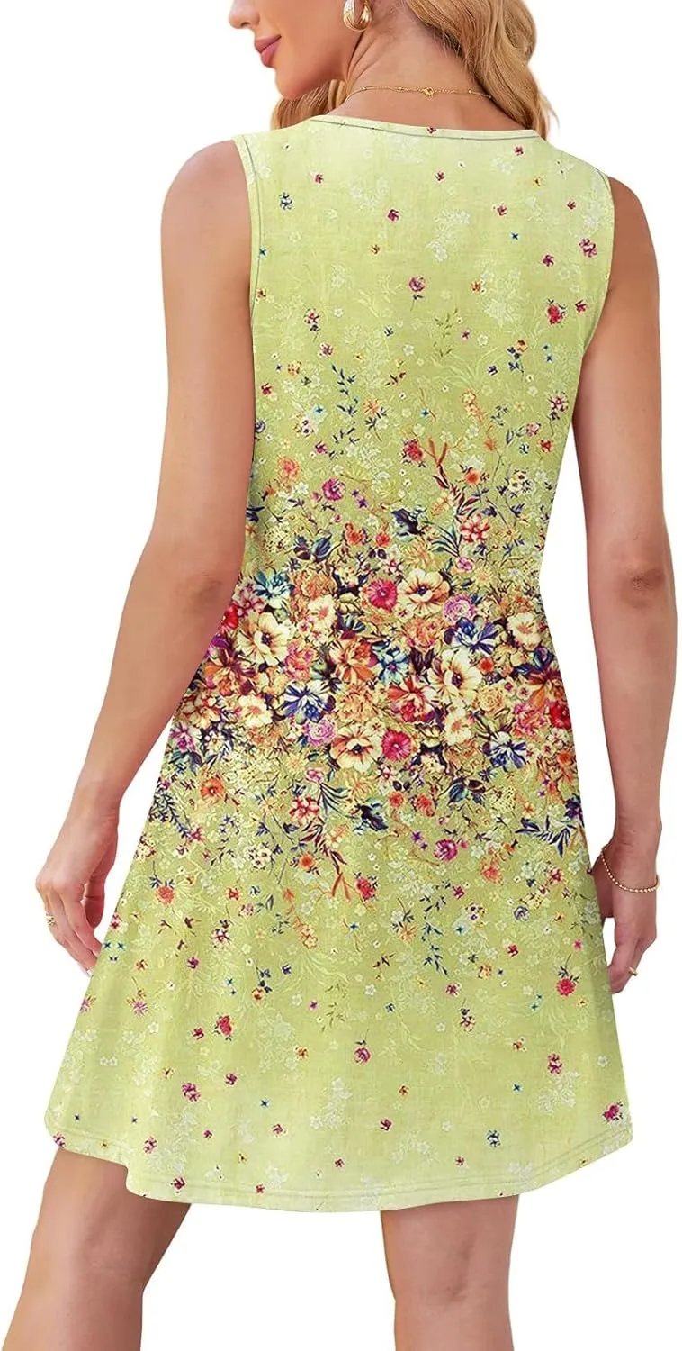 Women Summer Dresses Casual Beach Vacation Sundress Slim Striped Ruffle Floral Printed Hawaiian Tank Dress with Pockets