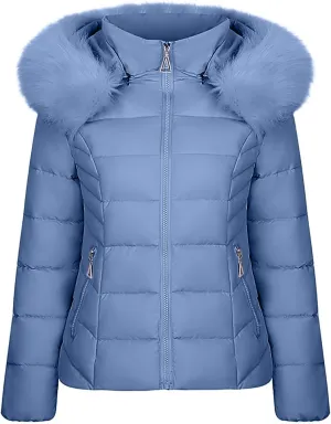 Women Warm Winter Down Puffer Jacket Trendy Hooded Winter Puffer Coat with Faux Fur Lined Hood and Collar