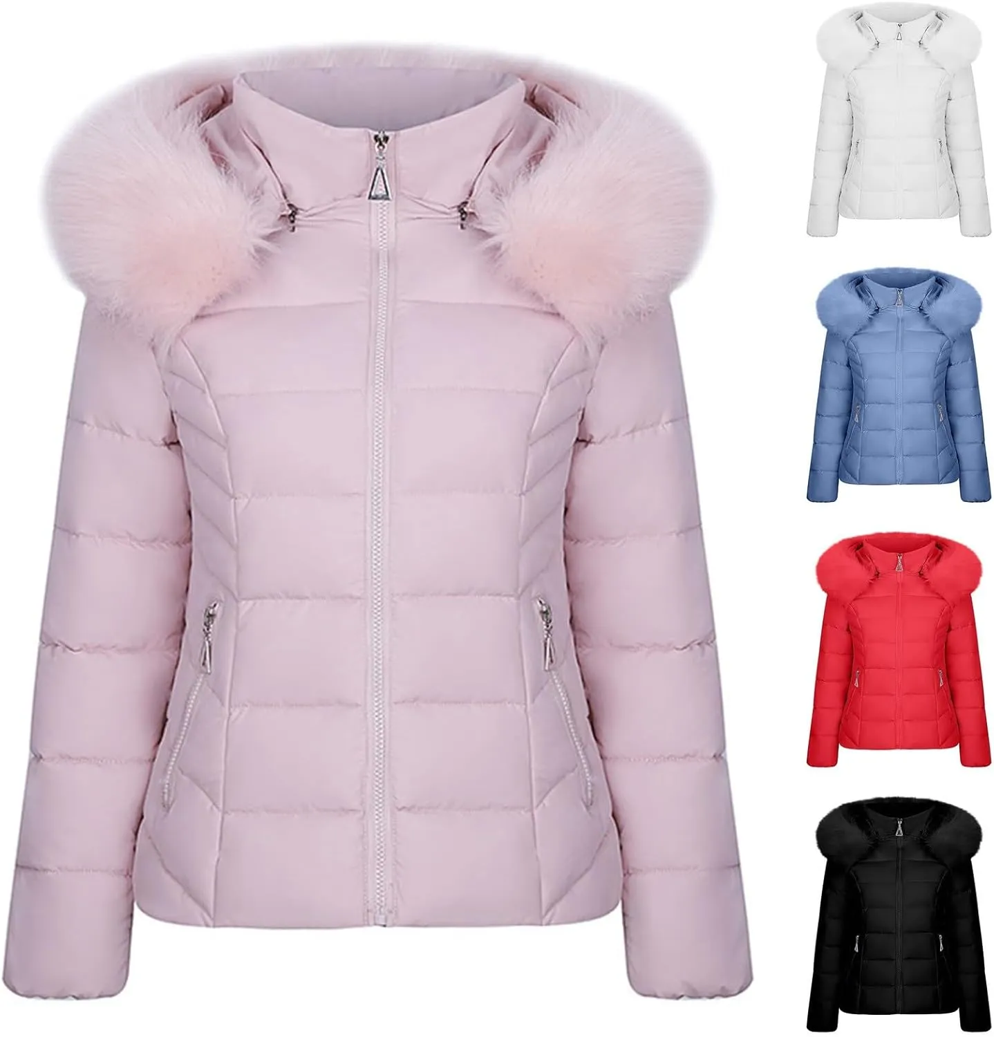 Women Warm Winter Down Puffer Jacket Trendy Hooded Winter Puffer Coat with Faux Fur Lined Hood and Collar