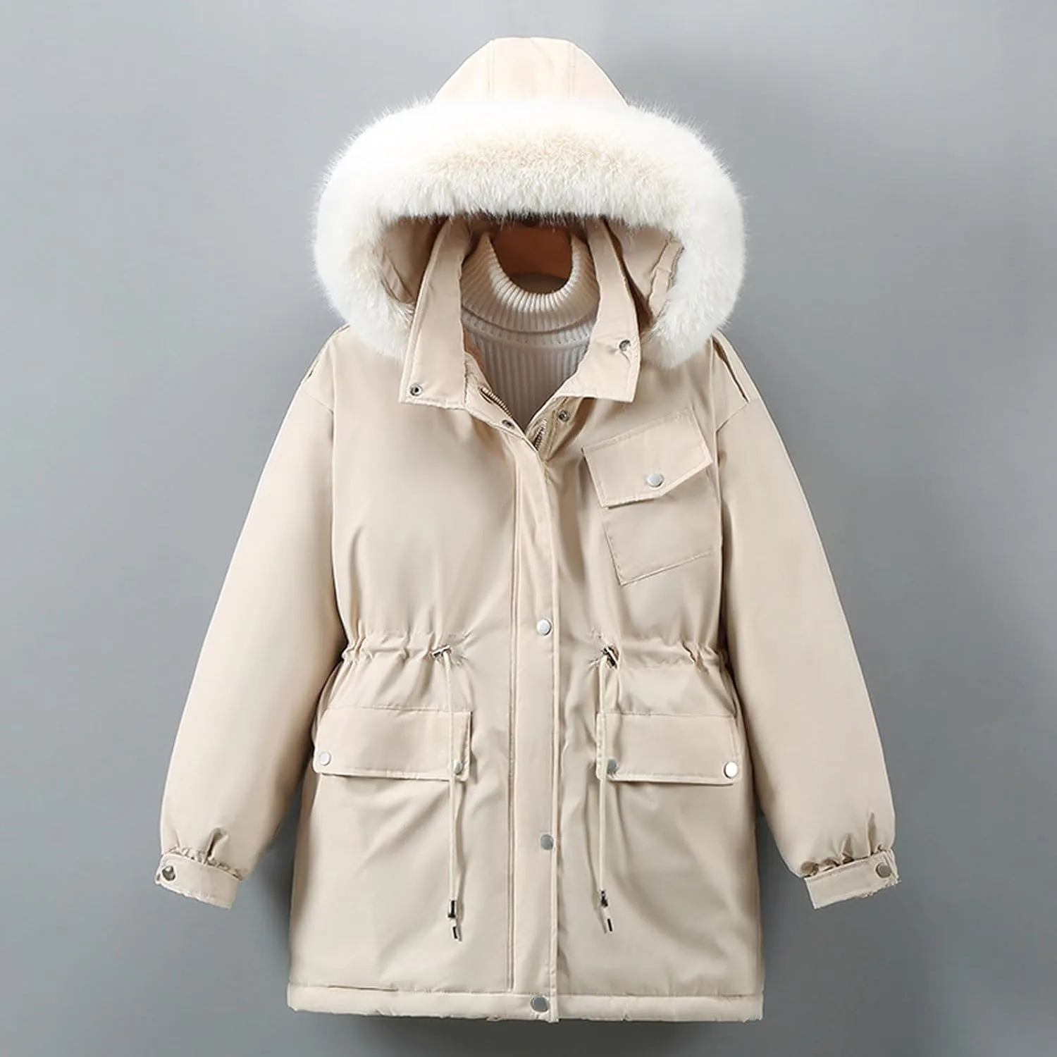 Women Winter Puffer Jacket Fur Hooded Down Coats Thickened Warm Parkas Drawstring Zipper Snow Outerwear with Pockets