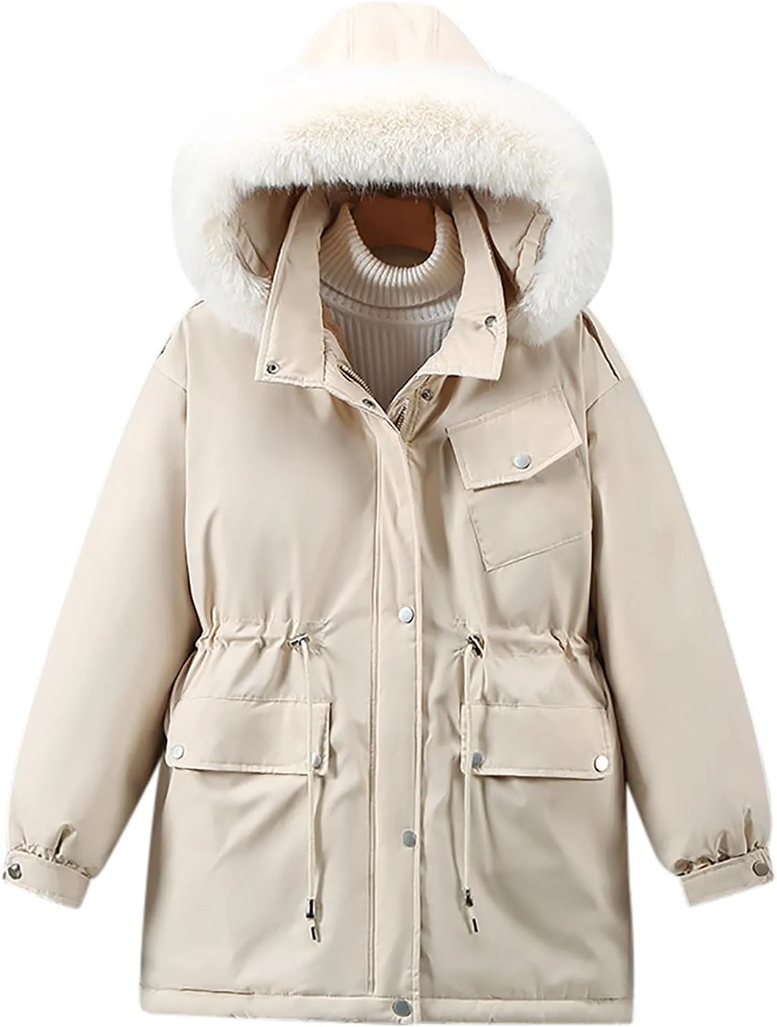 Women Winter Puffer Jacket Fur Hooded Down Coats Thickened Warm Parkas Drawstring Zipper Snow Outerwear with Pockets