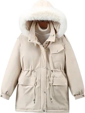 Women Winter Puffer Jacket Fur Hooded Down Coats Thickened Warm Parkas Drawstring Zipper Snow Outerwear with Pockets