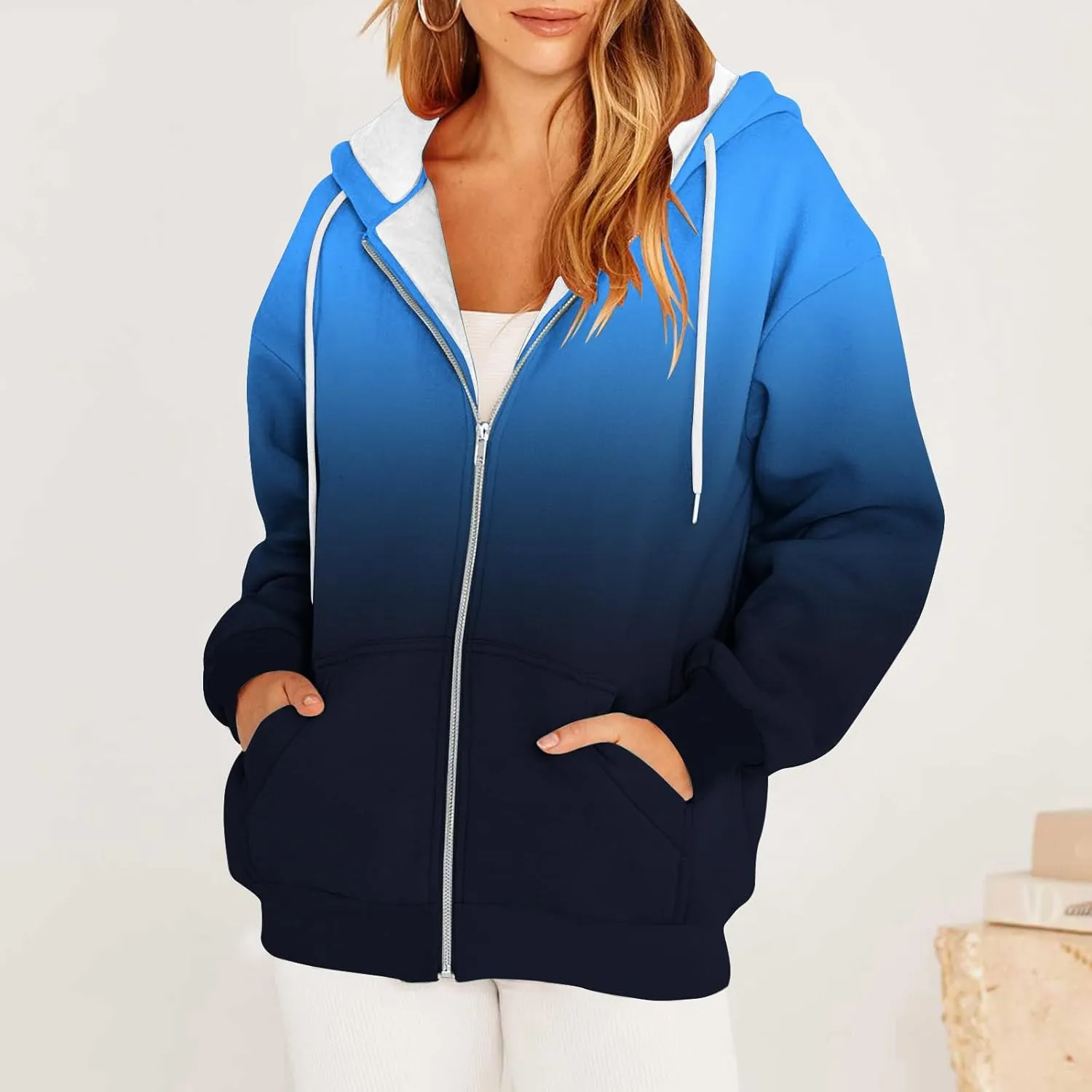 Women Zip Up Hoodies Oversized Sweatshirt Y2k Fashion Tie-Dye Print Clothes Fall Casual Drawstring Jacket Teen Girls