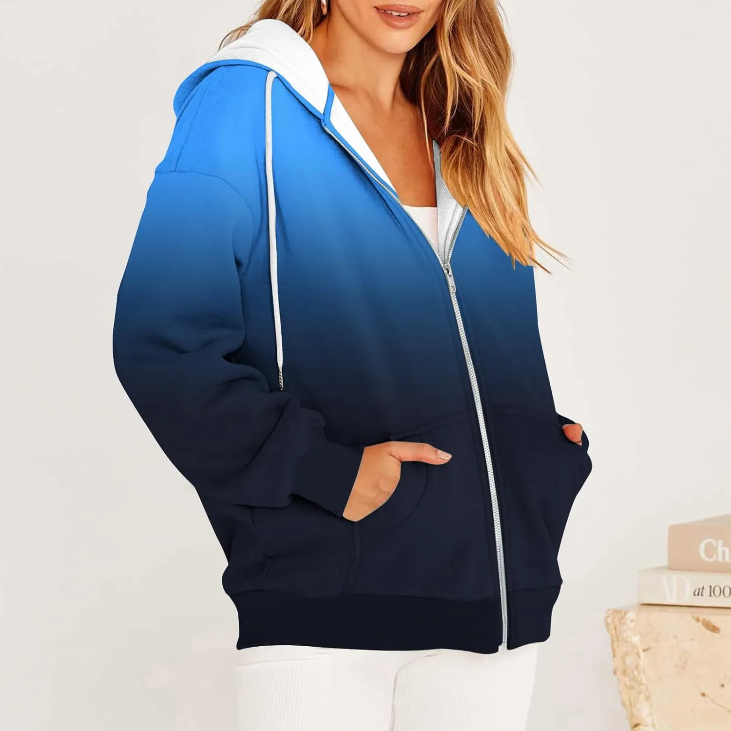 Women Zip Up Hoodies Oversized Sweatshirt Y2k Fashion Tie-Dye Print Clothes Fall Casual Drawstring Jacket Teen Girls