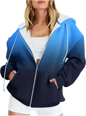 Women Zip Up Hoodies Oversized Sweatshirt Y2k Fashion Tie-Dye Print Clothes Fall Casual Drawstring Jacket Teen Girls