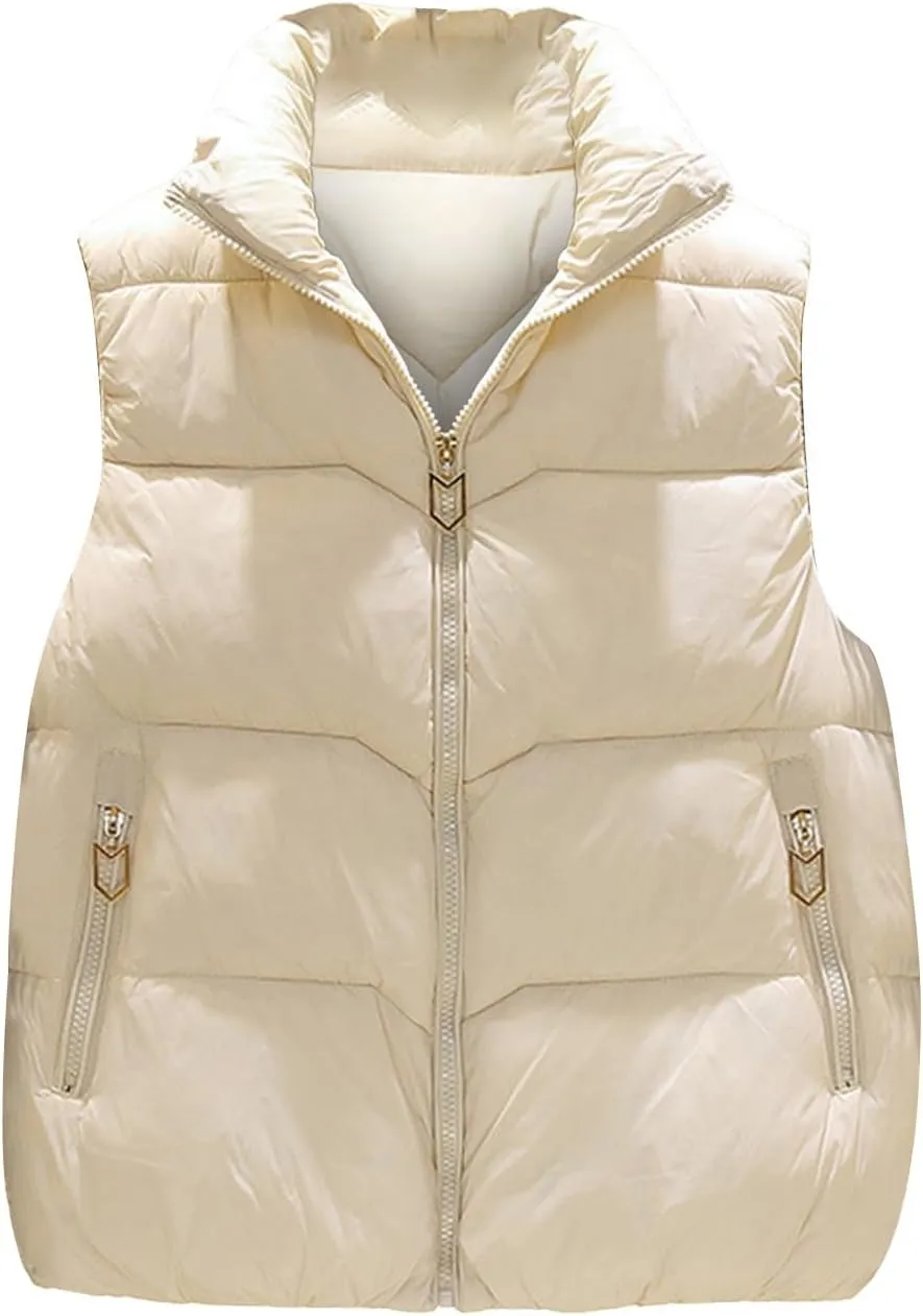 Womens 2024 Fall/Winter Puffer Vest Padded Cold Proof Quilted Jackets Full Zip Warm Down Vest with Zip Pockets