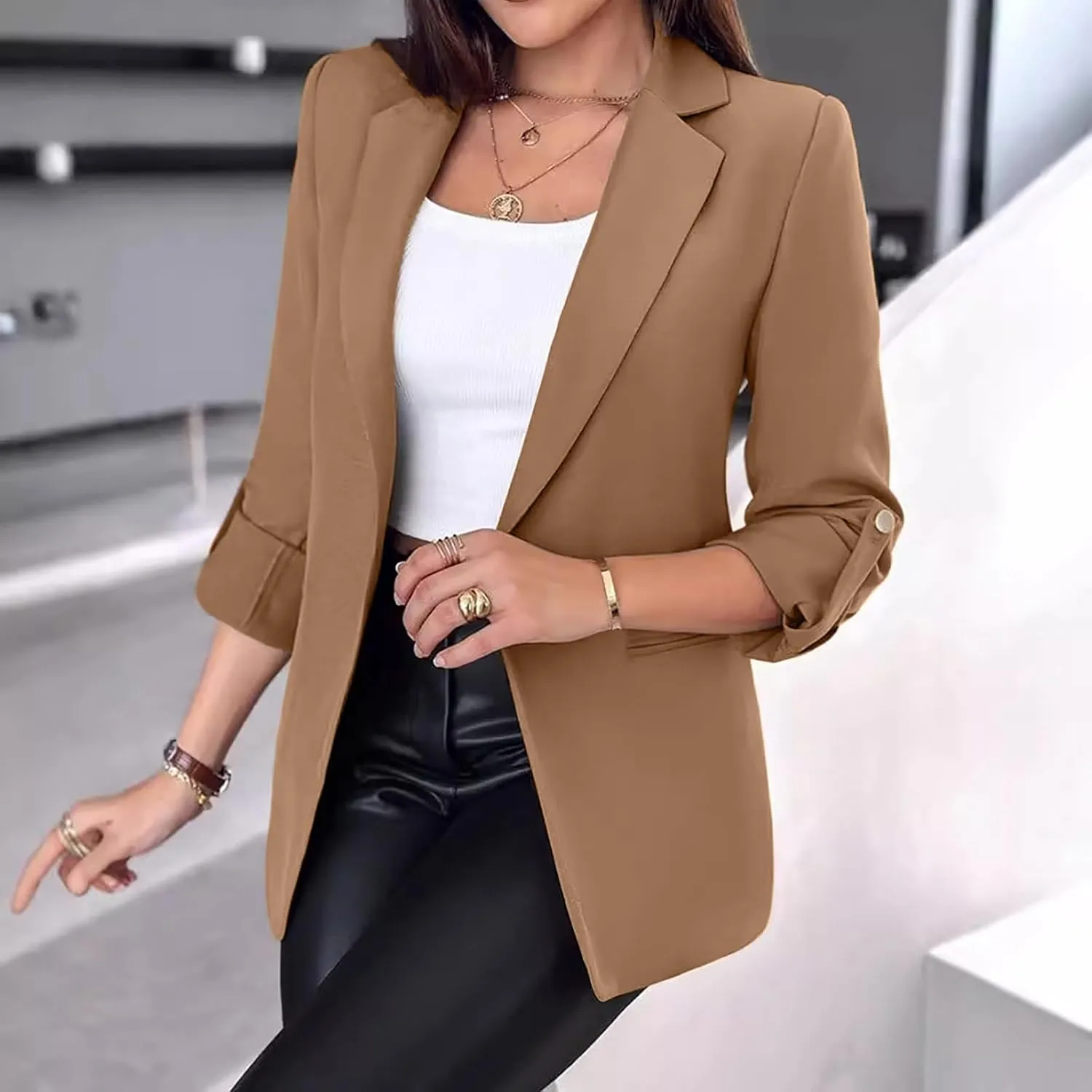Womens Blazers for Work Casual 3/4 Sleeve Open Front Long Sleeve Suit Jacket Trendy Work Office Suit Blazer