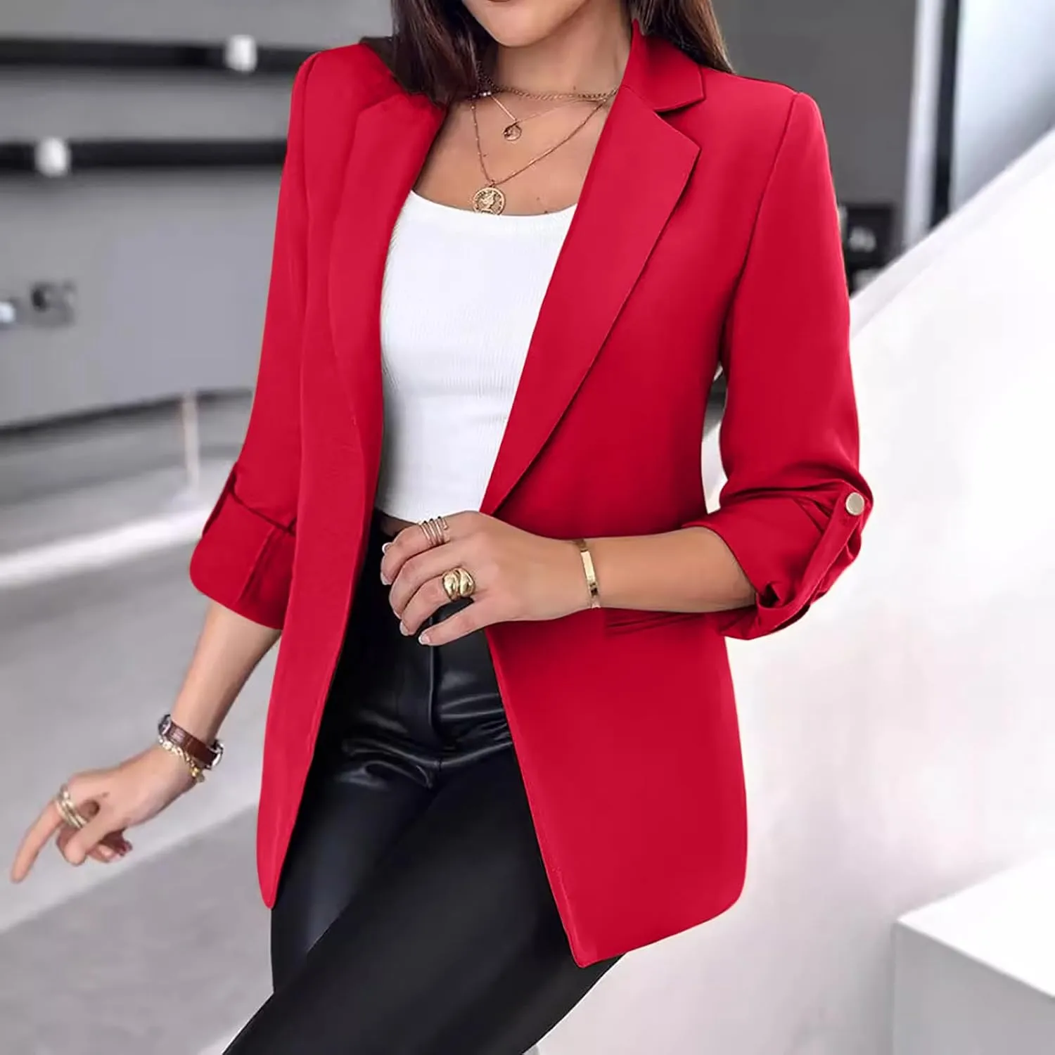 Womens Blazers for Work Casual 3/4 Sleeve Open Front Long Sleeve Suit Jacket Trendy Work Office Suit Blazer
